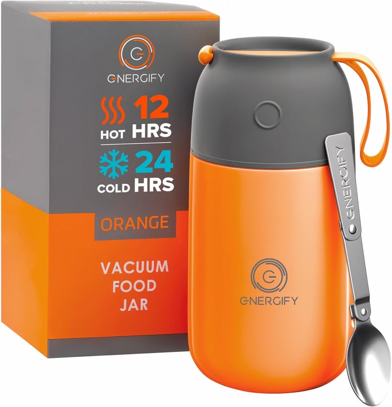 ENERGIFY Vacuum Insulated Food Jar. Large 24oz Bowl incl. Folding Spoon, Cup. Wide Mouth Keep Hot & Cold Drinks Soup Lunch Container for Adults. BPA-Free Stainless Steel, Leak Proof Orange - Image 1